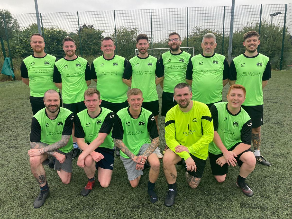 The same Woodhouse team reunited at age 30, in green shirts on an artificial pitch