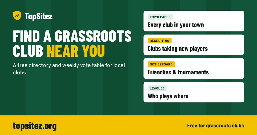 TopSitez: find a grassroots club near you. Town pages, clubs taking new players, a noticeboard for friendlies and tournaments, and who plays where. Free for grassroots clubs.